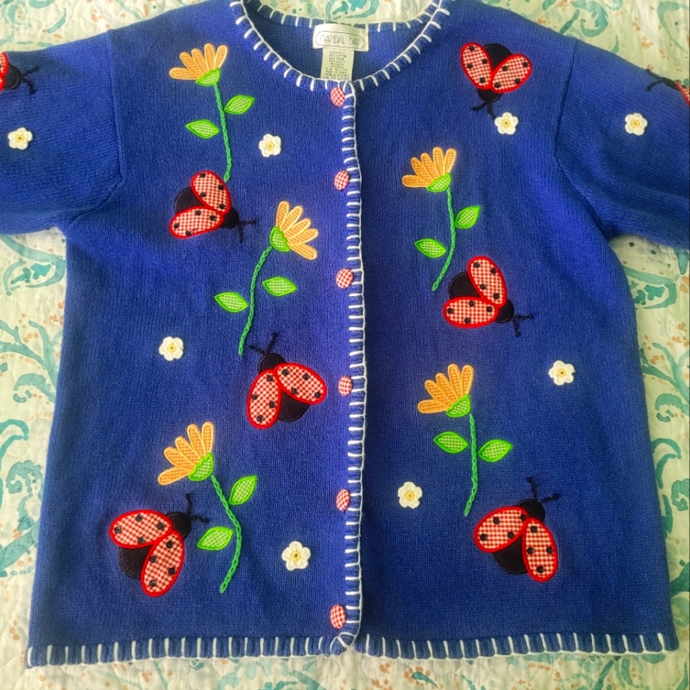 Blue Cardigan with Ladybug and Flower Embroidery